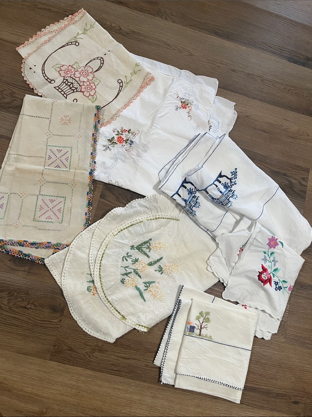 Vintage Embroidered Linen table cloths white beige Mix